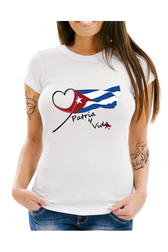 Camiseta para tu Tribu con ilustración Bandera de Cuba Corazón Patria y Vida - Mujer